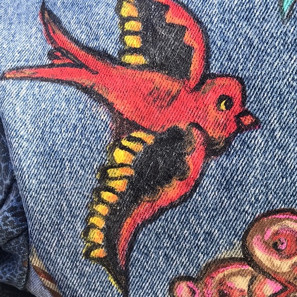 Boutique item, handmadeVictorian style jean jacket w/ flash tattoo art.